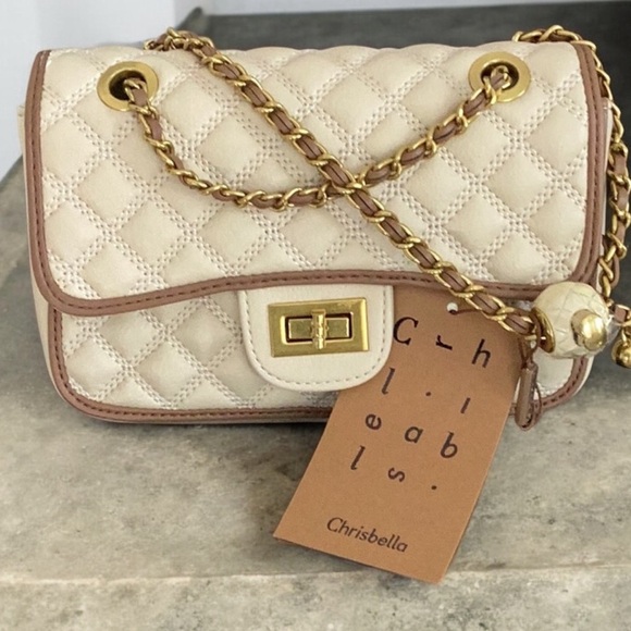 Chrisbella Quilted NWT Leather Cream Bone Shoulder Bag Crossbody Antique Gold - Picture 2 of 9
